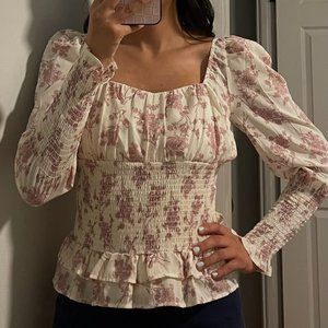 Womens Cistar New York 90112 FLORAL CREAM AND PINK PRINT SMOCKED WAIST TOP